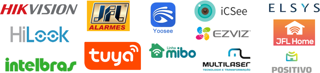 Marcas parceiras de segurança eletrônica: Hikvision, JFL, Yoosee, iCSee, Elsys, HiLook, Ezviz, JFL Home, Intelbras, Tuya, Mibo, Multilaser, Positivo